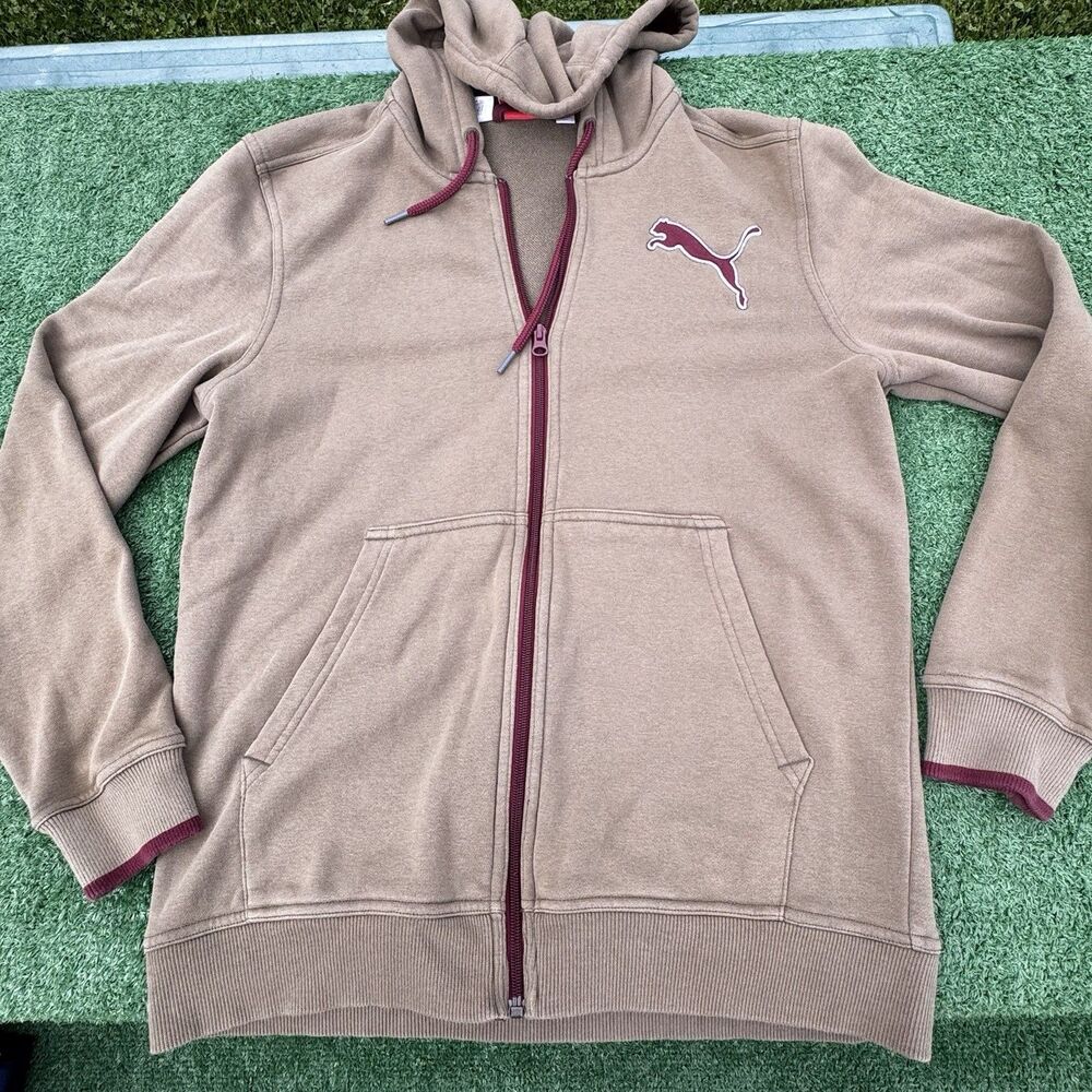 Puma Full Zip Hoodie Tan Brown Logo Sweatshirt Mens Medium